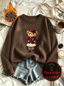 Women's Plus-Size Casual, Cute Faux-Knit Sweater Featuring A Preppy-Style Bear Graphic; Versatile And Perfect For Everyday Wear In Autumn And Winter. - Brown - View 9