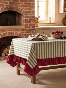 1pc Green & White Thin Striped With Burgundy Ruffle Edge Tablecloth, Christmas Holiday Style Fabric Material, Rectangular Burgundy Ruffle Edge Patchwork Detail, Stain-Resistant Protection, Tabletop Decoration And Beautification Function, Suitable For Christmas Dessert Table Arrangement And Holiday Party Scenes - Red - View 5