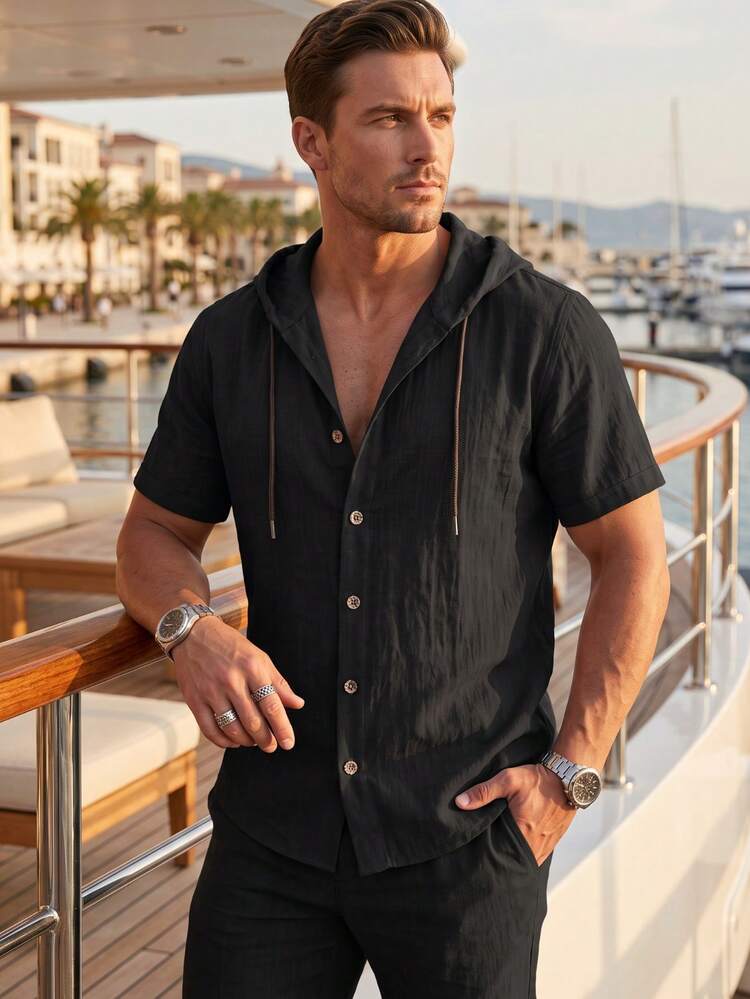 European & American Men's Slim Fit Linen Blend Button Hooded Short Sleeve Shirt, Lightweight Breathable Vacation Style, Fashion Outfit For Summer Autumn Back To School Halloween - Black - View 1