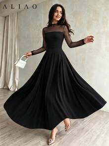 Spring/Autumn French Vintage Court Style Black Sheer Mesh A-Line Maxi Dress, Elegant Wedding Party Formal Gown - Black - View 3