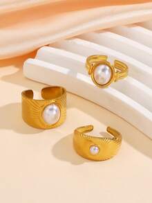 3pcs 18k Gold Plated Stainless Steel Vintage Sun Pattern Pearl Open Rings For Women - Gold - View 2