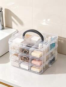 1pc Multi-Layer Divided Transparent Plastic Storage Box With Handle, Thickened Transparent Material, Multi-Compartment Classification Storage, Flip Lid With Snap Seal Dust-Proof, Stackable Space-Saving Design, Portable Handle For Easy Movement, Suitable For Storing Hair Ties, Hair Clips, Jewelry, Cosmetics, Handmade Beads Accessories, Ideal For Vanity, Desk, Bedroom Use, Multi-Functional Home Storage Box, Desktop Organizer, Beauty Accessories Classification Storage Box, Handmade Small Items Storage Box, Home Desktop Tidy Storage Solution - Clear - View 3