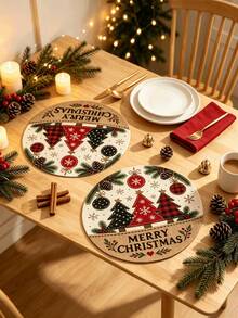 1/2/4pcs Christmas Placemats, Christmas Tree, Christmas Ball And Pine Cone Elements, Round Design, Linen Material, Suitable For Christmas Decoration, Family Gathering Party, Table Decor, Holiday Decor, Indoor Decor. - Multiple Styles - View 9