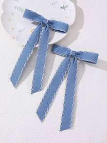 2pcs/6pcs Girls Denim Fabric Bow Hair Clips, Wavy Edge Long Ribbon Alligator Hair Clips, Gentle Atmosphere Side Hair Clips Hair Accessories - Multicolor - View 7