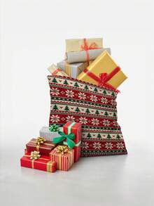 2pcs Red & Green Snowflake Christmas Tree Print Gift Wrapping Bags, Nordic Style Fabric Rectangular Drawstring Gift Sacks With Knit-Look Pattern For Christmas Presents, Party Favors & Holiday Decor - Multicolor - View 8