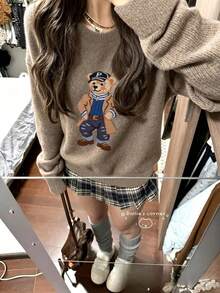 Women's Long Sleeve Crew Neck Sweater With Cute Fashion Bear Print, Perfect For Daily Commute - Earth Gray - View 8