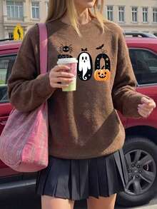 Women's Casual Long-Sleeve Sweater [Halloween] – "BOO" Graphic Print (Spider, Pumpkin, Ghost) – Crew Neck – Simple & Fun Style – Plus Size - Dark Ochre - View 4