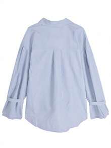 Women's Casual Summer Loose Open-Front Striped Long Sleeve Shirt With Collar, Niche Design - Blue - View 5