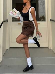 Elegant Versatile Lace Patchwork Pleated Women's Skirt, Spring/Summer New Arrival, Suitable For Daily Wear, Commuting And Office - Brown - View 5