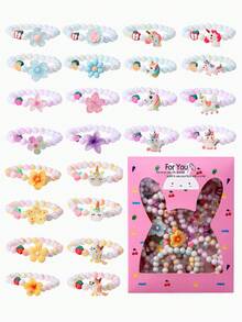 24pcs Kids Polymer Clay Bracelet Gift Set, Fruit Flower Beads Unicorn Pendant, Girls Party Jewelry Birthday Gift - Multicolor - View 2