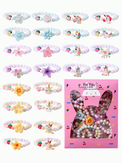 24pcs Kids Polymer Clay Bracelet Gift Set, Fruit Flower Beads Unicorn Pendant, Girls Party Jewelry Birthday Gift