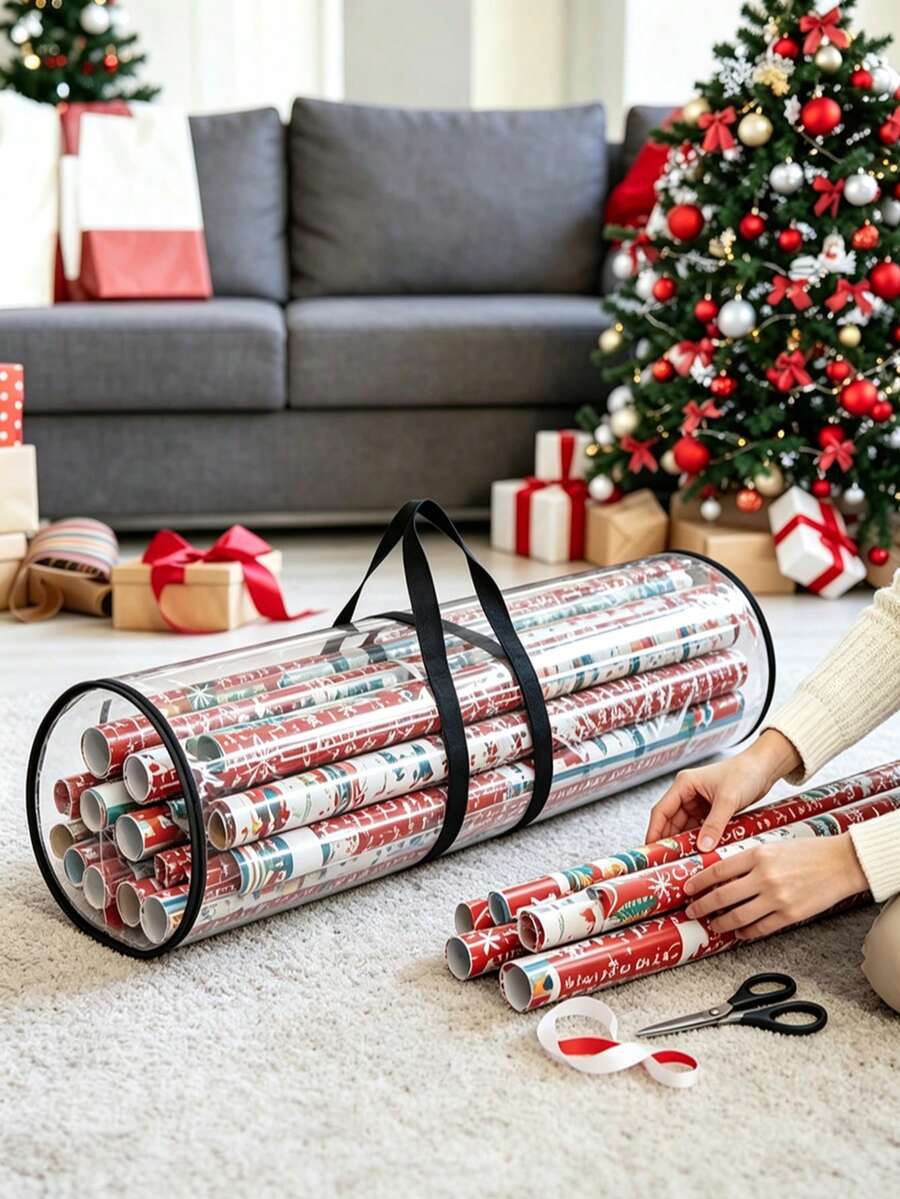 Transparent PVC Wrapping Paper Storage Bag With Handle, Cylindrical Gift Wrapping Paper Organizer Bag, Dust-Proof Transparent Gift Wrapping Paper Roll Storage Box, Holiday Wrapping Roll Home Closet Storage Organizer Bag, Storage Bag Only, Wrapping Paper Not Included - Multicolor - View 1