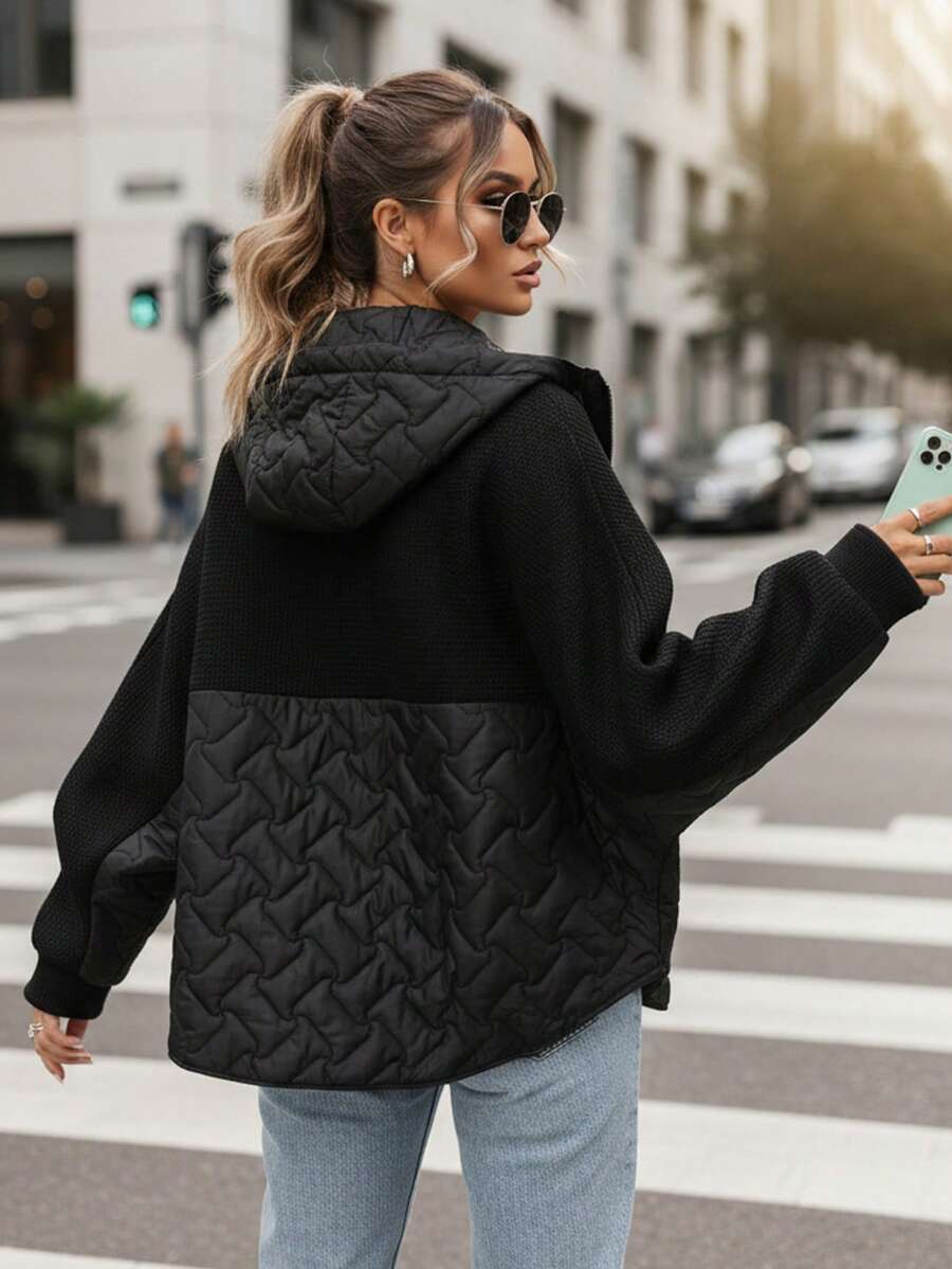 Women's Oversized Hooded Jacket, Quilted Panel, Zip Front, Adjustable Hood, Zip Pockets - Black - View 1