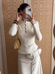 Women's Y2K Cream Beige Stand Collar Open Front Hollow Out Long Sleeve Slim Fit Ribbed Knit Sweater Top, Campus Style White Fall - White - View 4