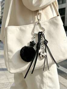 Korean Ins Style Black Pom Pom Keychain, Heart Clasp Braided Rope Bag Charm Accessory - Multicolor - View 2