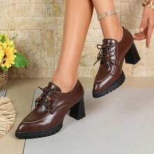 Brown Pointed Toe Chunky Heel Lace-Up Pumps For Women, Oil Wax Leather Beaded Thick Sole Retro Commute British Style High Heel Shoes - Rust Brown - View 10