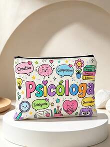 1pc Fun Cartoon Style Psychologist Print Makeup Bag, Pouch With Cute Psychology Theme Icons,Makeup Bag, Small Pouches, Coin Purses, Pencil Cases, Clutches,Multi-Functional Storage Bag, Ideal For Daily Toiletries And Travel - Multicolor - View 1