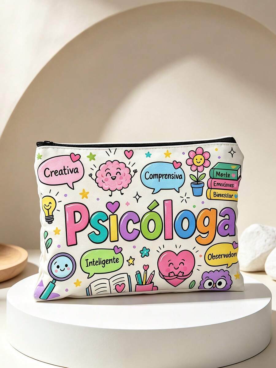 1pc Fun Cartoon Style Psychologist Print Makeup Bag, Pouch With Cute Psychology Theme Icons,Makeup Bag, Small Pouches, Coin Purses, Pencil Cases, Clutches,Multi-Functional Storage Bag, Ideal For Daily Toiletries And Travel - Multicolor - View 1