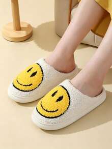 Autumn/Winter Cartoon Smiling Face Embroidered Plush Closed-Toe Slippers For Women, Plus Size, Couples Style, Thickened Warm Thermal Lining, Home Wear - Yellow - View 2
