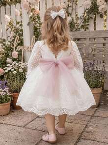 Baby Girls Lace Long Sleeve Embroidered Back V-Neck Puff Tulle Elegant Gorgeous Princess Dress Flower Girl Gown Suitable For 1st Birthday Party Baptism Holiday Ball - White - View 2