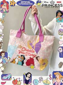 Miniso Tas Tote Kanvas Disney Princess, Motif Bunga Pink dengan Berbagai Putri, Tas Bahu dengan Pegangan, Cocok untuk Penggunaan Sehari-hari - Berwarna merah muda - View 3