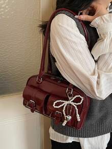 1pc Solid Color Multi-Pocket Zipper Women's Bag, Fashionable Multi-Functional PU Material Shoulder Bag, Suitable For Women's Daily Commute - Red - View 6