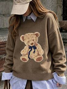 Plus Size Women's Cute Bow Teddy Bear Print Loose Long Sleeve Pullover Sweater - Earth Gray - View 1