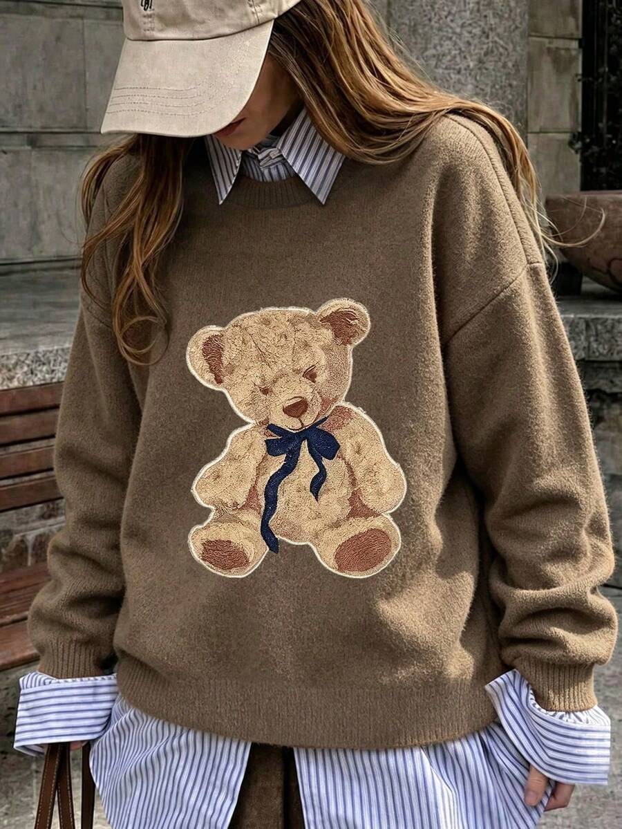 Plus Size Women's Cute Bow Teddy Bear Print Loose Long Sleeve Pullover Sweater - Earth Gray - View 1