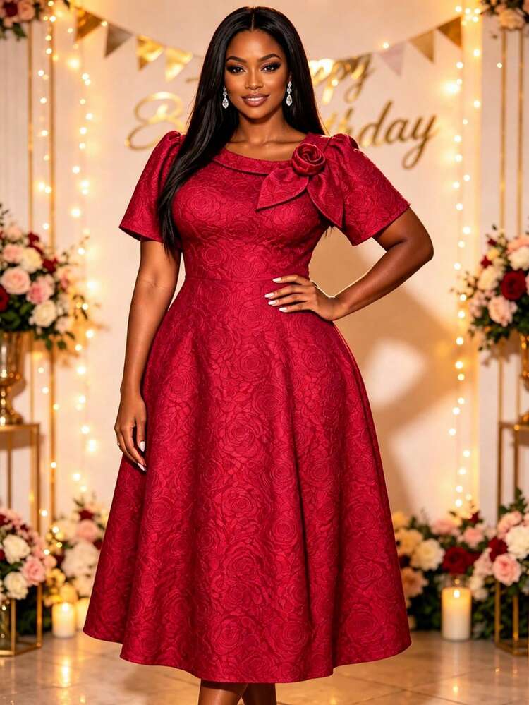 AOMEI Women's Elegant Noble Vintage Red Jacquard Commuter 3D Floral Puff Short Sleeve A-Line Cocktail Dress. Party Wedding - Wine Red - View 1