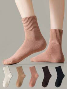 ZUJO 3 Pairs Women's Ribbed Terry Mid-Calf Socks, Thickened Long Warm Socks, Versatile Soft Comfortable, Suitable For Spring Autumn Winter Sports And Daily Wear, Random Color - Multicolor - View 2