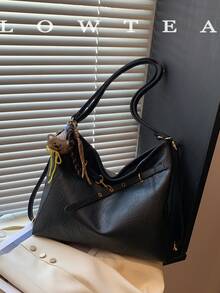 low tea 1pc Minimalist Fashion PU Leather Shoulder Bag, Suitable For Commuting, Shopping, Etc. (With Pendant) - Black - View 5