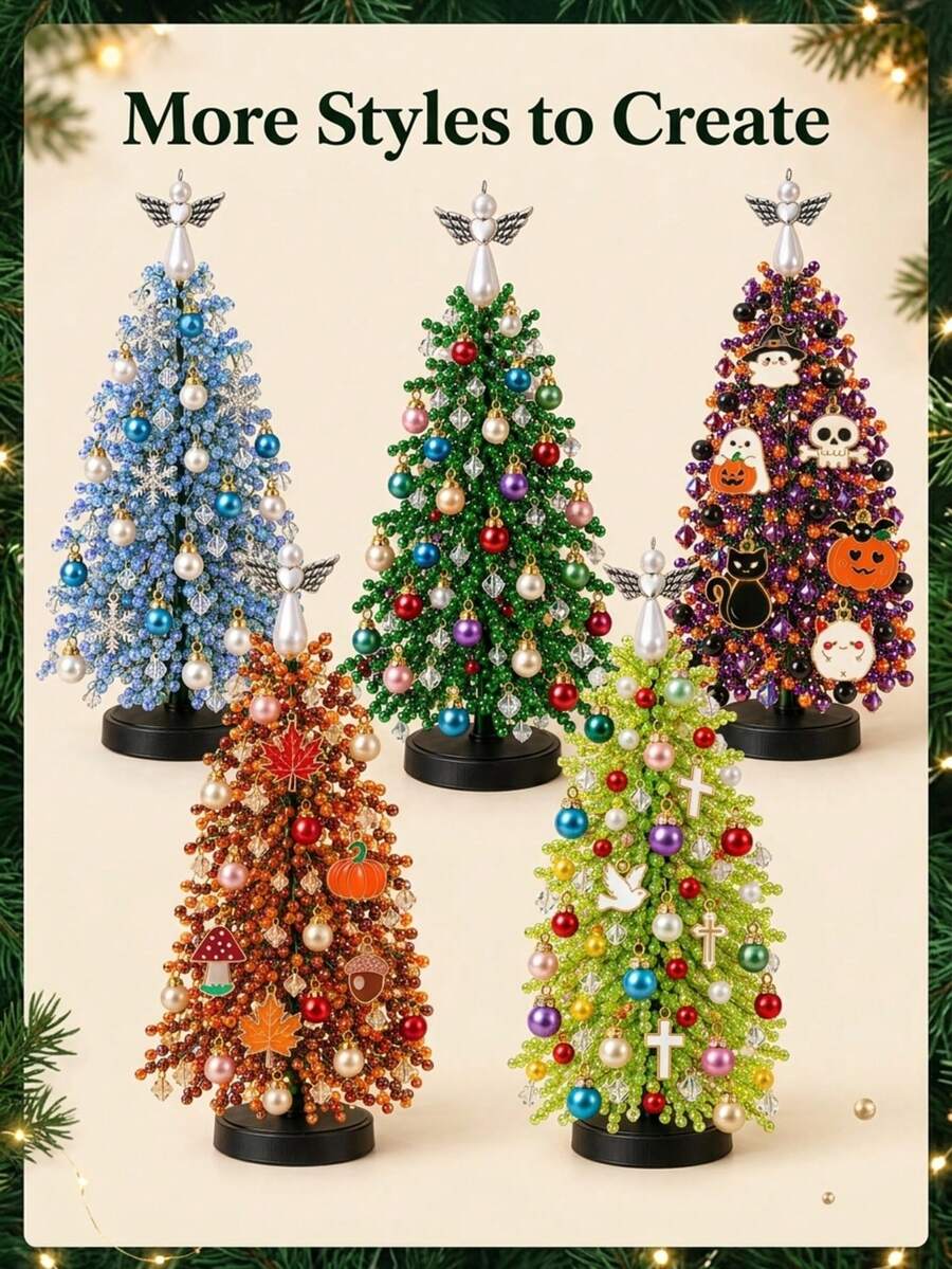 1pc DIY Beaded Christmas Tree Craft Kit+Tools, Colorful Bead And Ornament Components For Handmade Tabletop Holiday DisplayChristmas Decor,Christmas Home Decor,Room Decor, Festive Party Decoration, Seasonal Craft Project, Gift And Winter Home Display