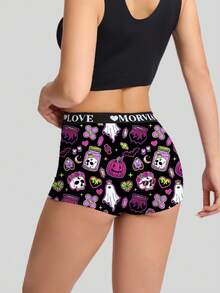 Morvia 6 Pack Halloween Punk Women Boxer Briefs, Skull Pumpkin Bat Ghost Print Wide Letter Elastic Waist Underwear - Multicolor - View 6