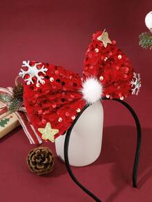 2/1pc Christmas Shiny Red & Green Sequin Large Bow Headband With Snowflake, Star And Pom Pom Decor, Women's Autumn/Winter Holiday Party Hair Accessory - Multicolor - View 9
