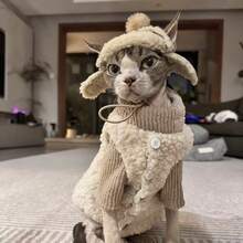 2pcs Pet Lamb Wool Vest Set, Warm Clothing For Cats, Suitable For Home And Outdoor Wear, For Devon Rex, Sphynx Hairless Cats, High Neck Knitted Patchwork Thickened Skin-Friendly Button Pet Clothes - Apricot - View 4
