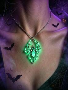 VJS 1pc Glow-In-The-Dark Spider Pendant Necklace, Gothic Punk Style Glowing Animal Design Collarbone Chain, Halloween Dark Aesthetic Jewelry, Unisex - Punk Style Glowing Spider Necklace - View 3