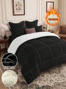 1pc Ultra Soft Fleece Quilt Core, Skin-Friendly Lightweight Breathable, Comfortable Sleep, Durable Anti-Pilling, Square Quilted Fluffy, Bedroom Decor, All Season Use, Pillow And Pillowcase Not Included, Home Decor, Back To School - Black - View 1