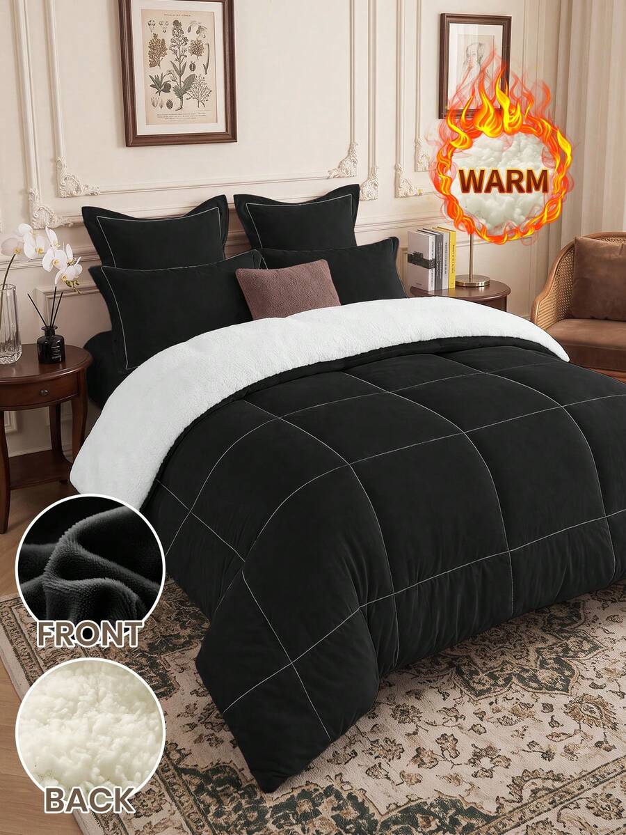 1pc Ultra Soft Fleece Quilt Core, Skin-Friendly Lightweight Breathable, Comfortable Sleep, Durable Anti-Pilling, Square Quilted Fluffy, Bedroom Decor, All Season Use, Pillow And Pillowcase Not Included, Home Decor, Back To School - Black - View 1