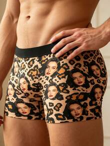 Men's Customized Boxer Briefs, Brown Leopard Print Base With Personalized Female Face Print, Paired With Solid Black Waistband - Multicolor - View 4