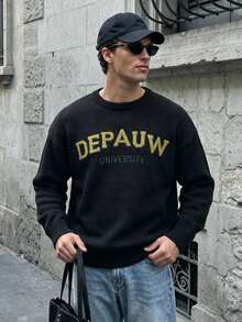 Men's Vintage Loose Fit Knit Sweater With English Text, Suitable For Autumn And Winter, Long Sleeve Top - Black - View 1