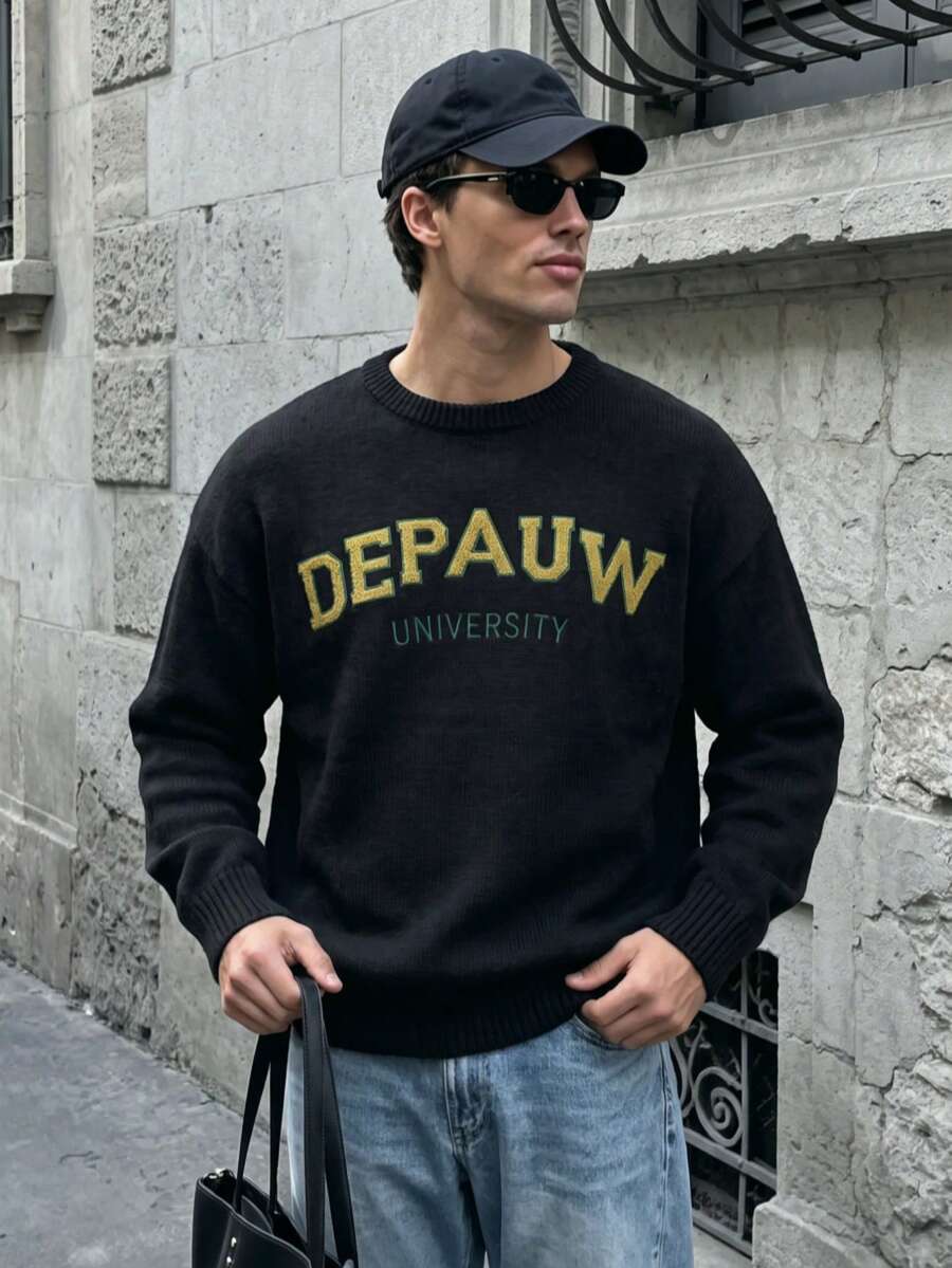 Men's Vintage Loose Fit Knit Sweater With English Text, Suitable For Autumn And Winter, Long Sleeve Top - Black - View 1