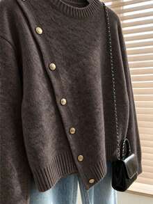 Elegant Women's Grey Long Sleeve Sweater, Rib-Knit With Stylish Asymmetrical Design And Gold Button Embellishments For Fall Winter - Brown - View 3