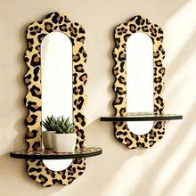 Leopard Print Wavy Wall Mirror With Floating Shelf, Printed Wavy Frame, Suitable For Bedroom, Living Room, Vanity, Bathroom, Entryway Wall Decor, Practical And Unique Housewarming, Birthday, Valentine's Day, Christmas Gift - Multicolor - View 3
