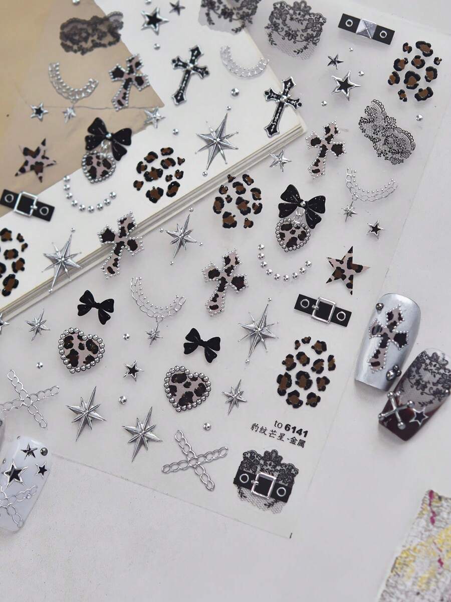 1Sheet Metallic Craft Nail Stickers Multi‑Size Silver Star Cross ...