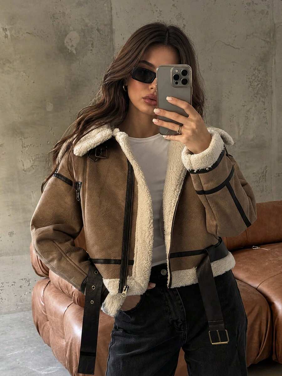 Women Retro Loose Spliced Faux Leather Soft Fur Short Jacket Winter Female Zipper Belt Coat Vintage Outwear - Khaki - View 1