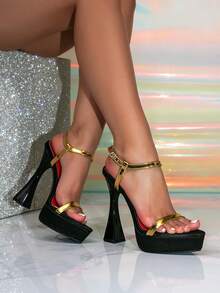 Women's Thick Platform Pointed Toe Gold Glamorous Party Stiletto High Heel Sandals, Suitable For Going Out - Gold - View 6