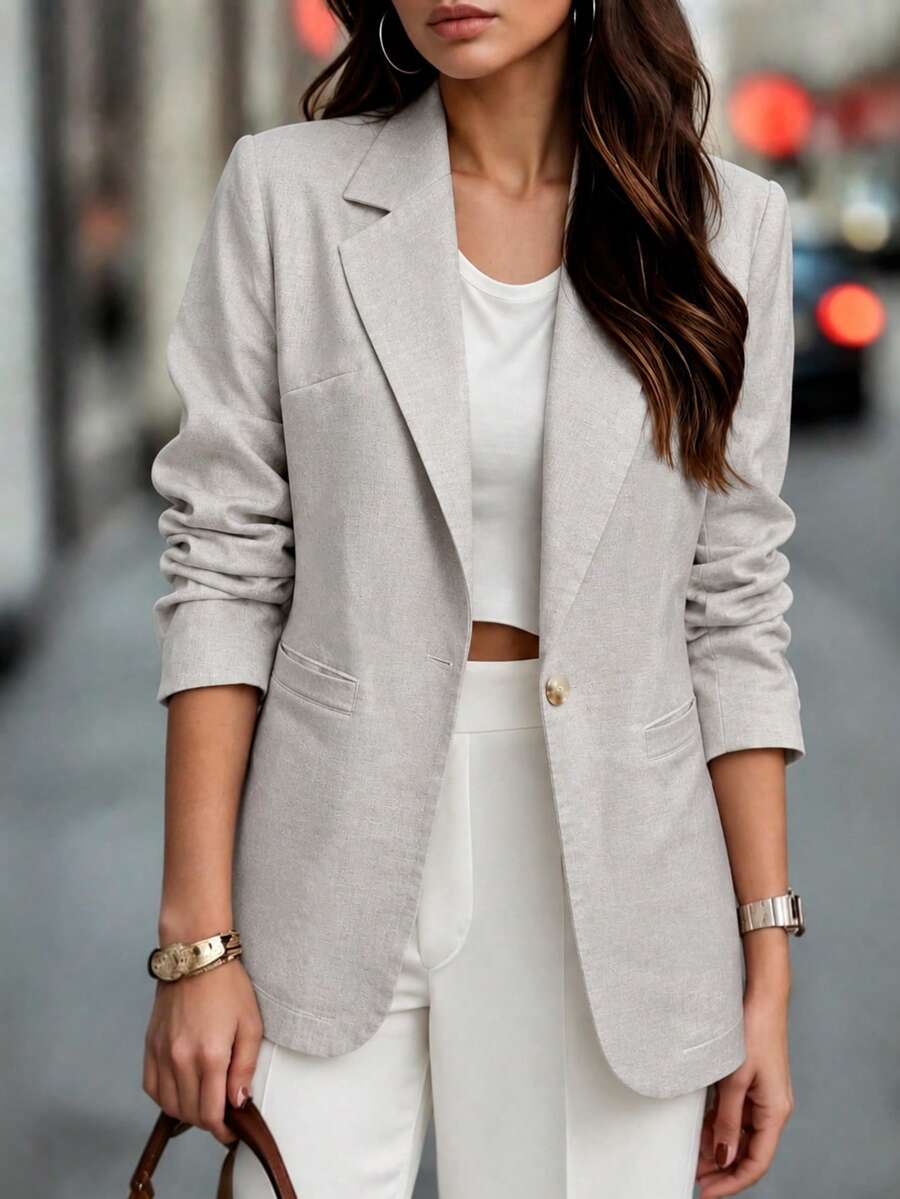 Women Solid Notch Lapel Long Sleeve Blazer - Single Breasted Loose Suit Jacket, For Office, Daily Commute & Casual Occasions, Four Seasons Wear - Apricot - View 1