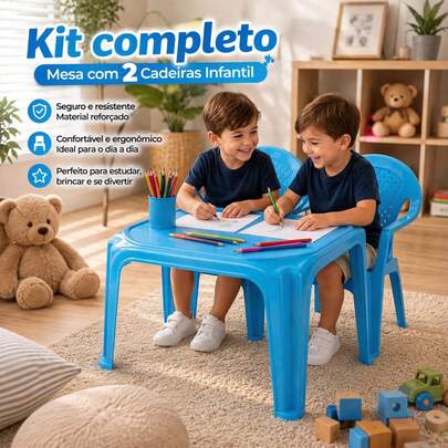 Kit Mesa + 2 Cadeiras Infantil Plástico Azul ou Rosa  Resistente Poltrona Criança Menino Mesa e Cadeirinha Reforçada Para Irmãos