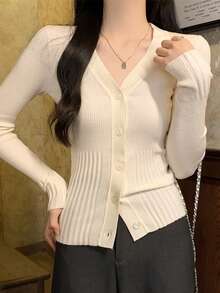 V-Neck Design, Thin Button, Long Sleeve, Striped Underarm Sweater, Women's Cardigan, Autumn/Winter, Back To School Season - Apricot - View 4