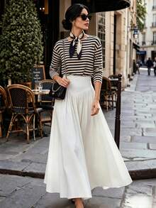 Autumn/Winter New Solid Color High Waist Pleated A-Line Long Skirt, French Elegant Full Skirt - White - View 5